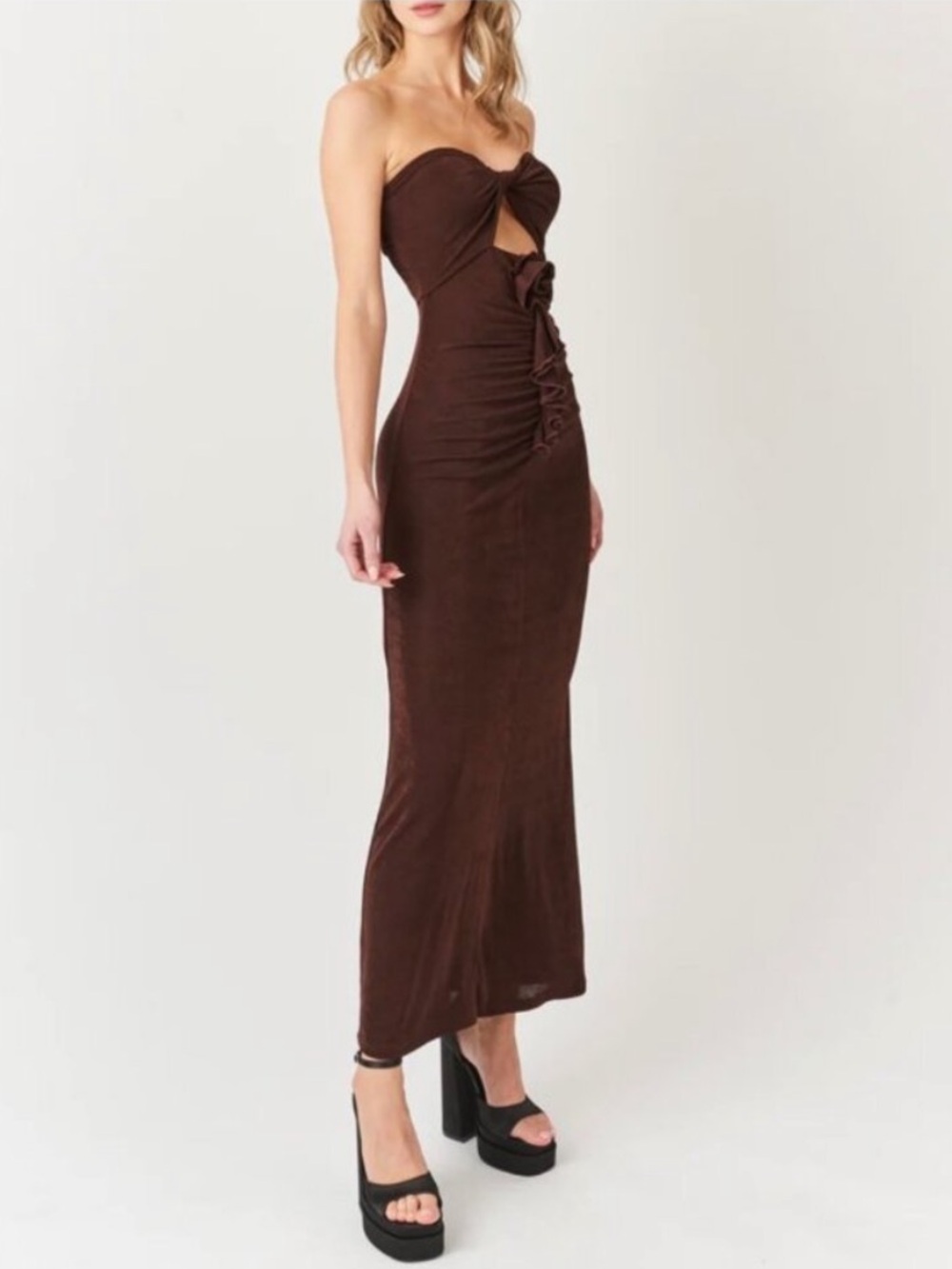 AmyLynn‎ Twist Front Rosette Maxi Dress Small Wedding Guest Romantic Chic Brown